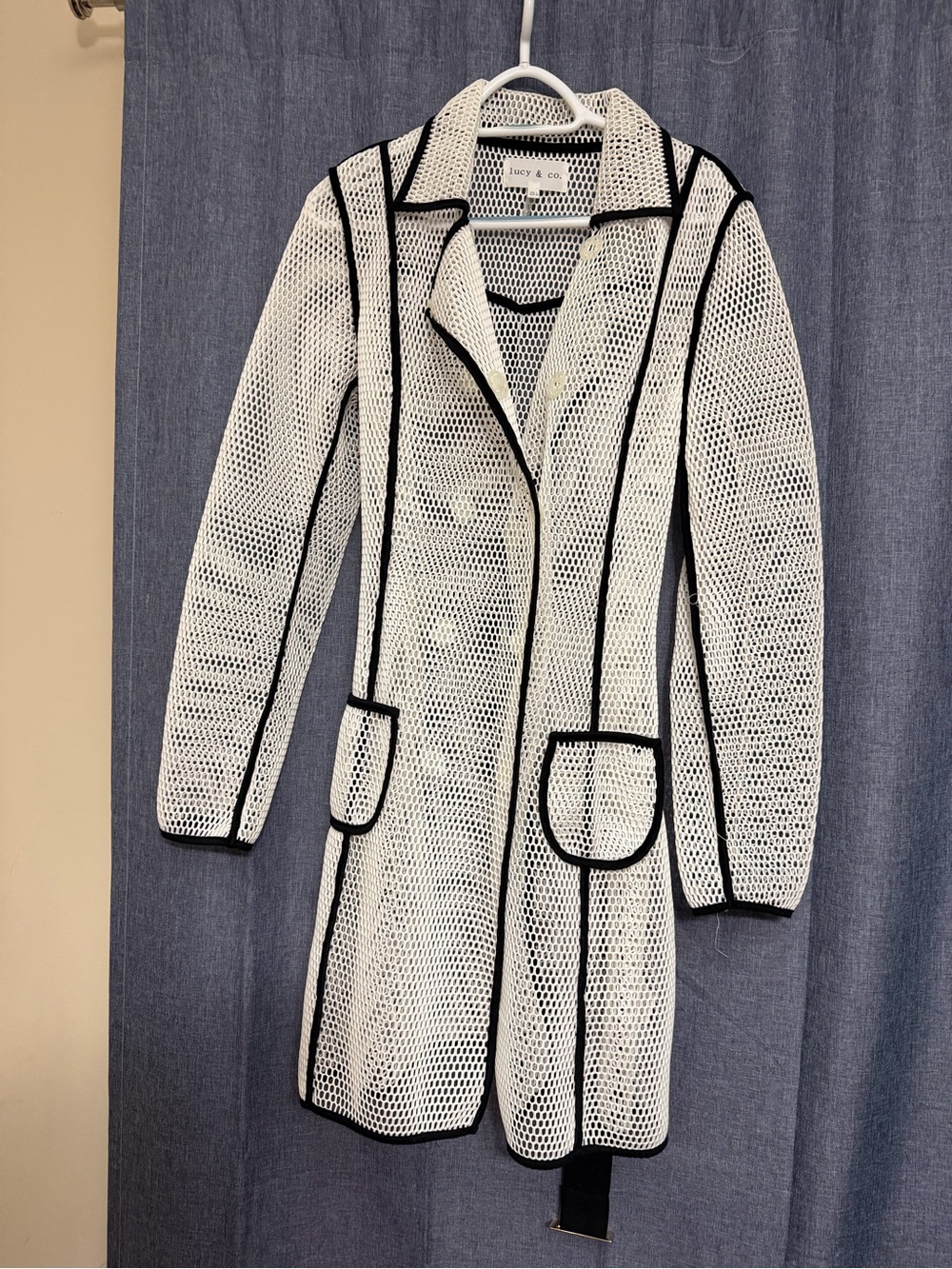 Lucy and Co Open-Knit Longline Cardigan with Black Trim